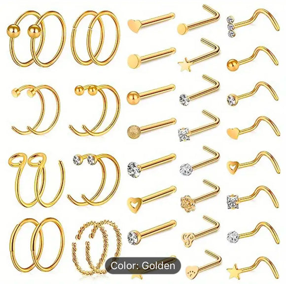 Gold Nose Hoops & Pins - 40pc